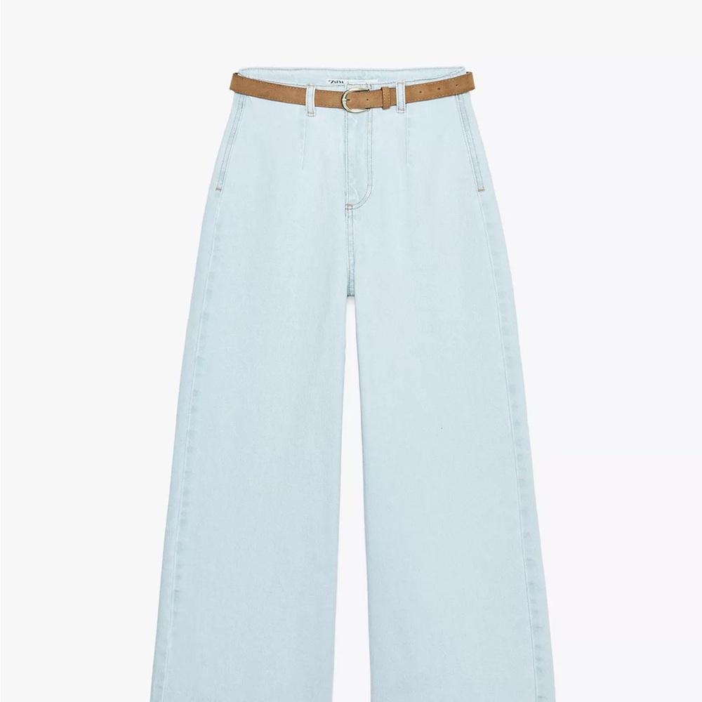 Zara Light Blue Flare Jeans with Tan Belt